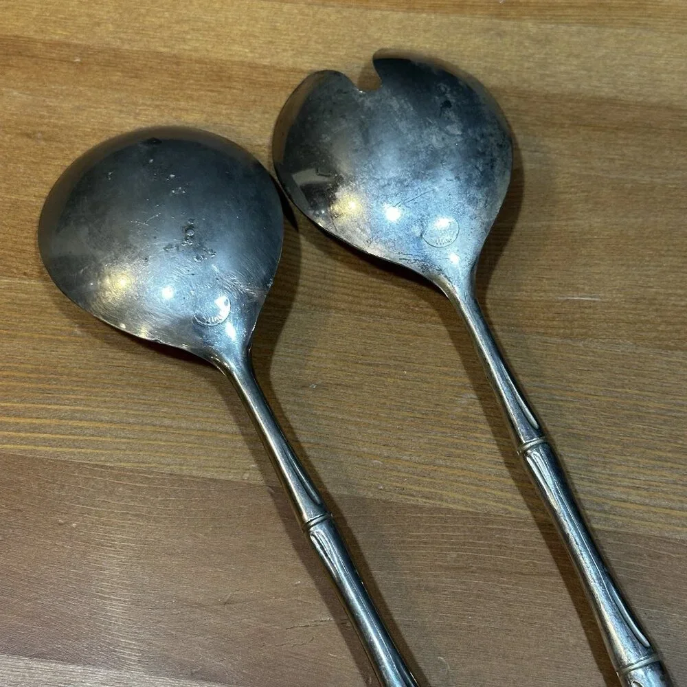 Vintage Italian Bamboo Salad Servers Silverplate Rustic MCM Patina
